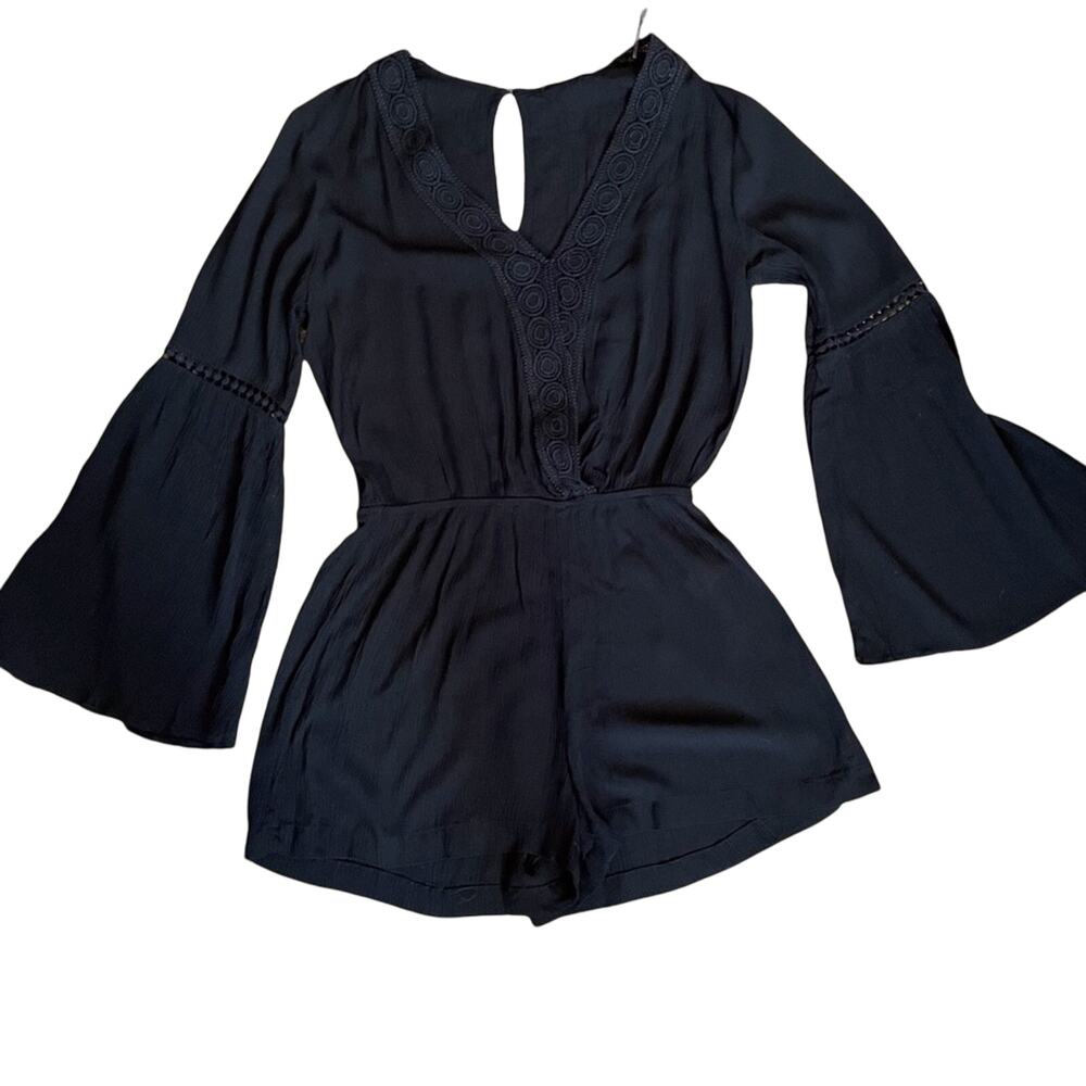 Ambiance Romper Medium Summer Casual Bohemian Beach V Neck Bell Sleeves Black